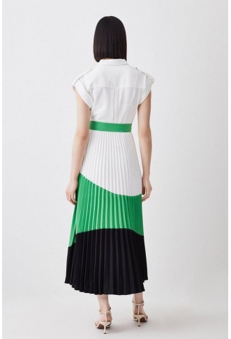 Colour Block Pleated Woven Midi Shirt Dress