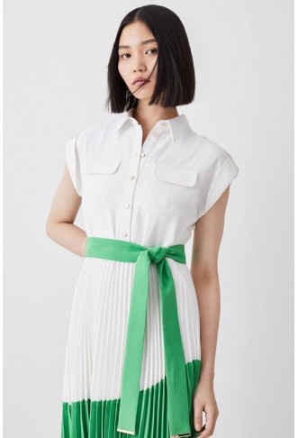 Colour Block Pleated Woven Midi Shirt Dress