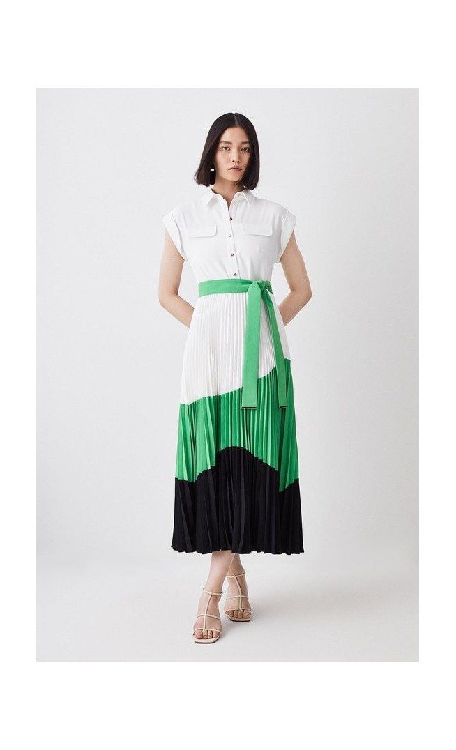 Colour Block Pleated Woven Midi Shirt Dress