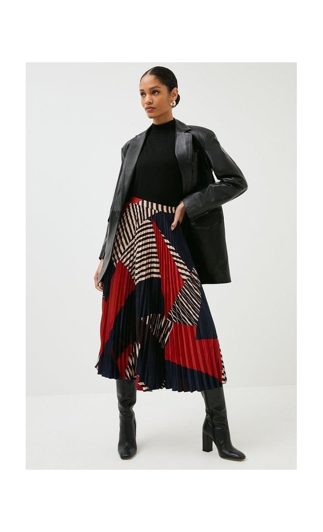 Colour Block Woven Pleated Skirt