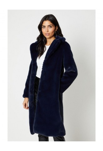 Plush Faux Fur Open Collar Longline Coat