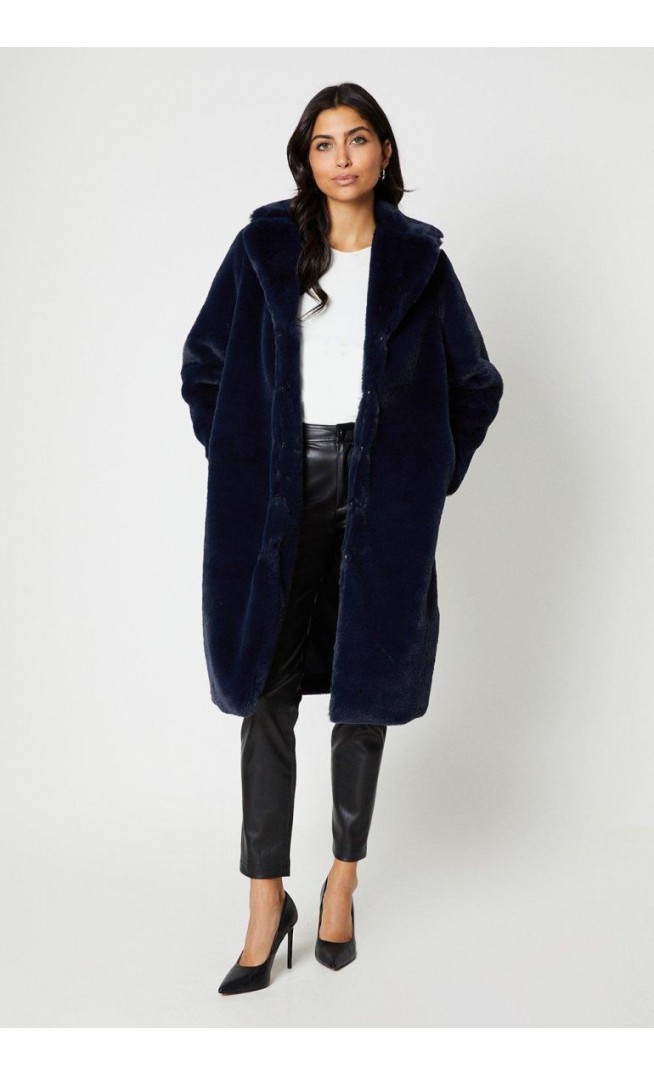 Plush Faux Fur Open Collar Longline Coat