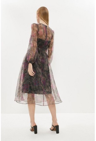 Printed Long Sleeve Organza Tie Waist Midi Dress