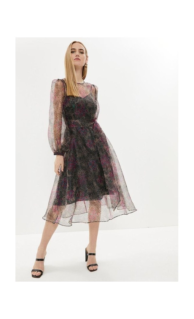 Printed Long Sleeve Organza Tie Waist Midi Dress