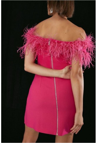 Pink Compact Stretch Feather Bardot Mini Dress