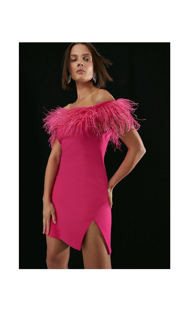 Pink Compact Stretch Feather Bardot Mini Dress