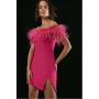 Pink Compact Stretch Feather Bardot Mini Dress