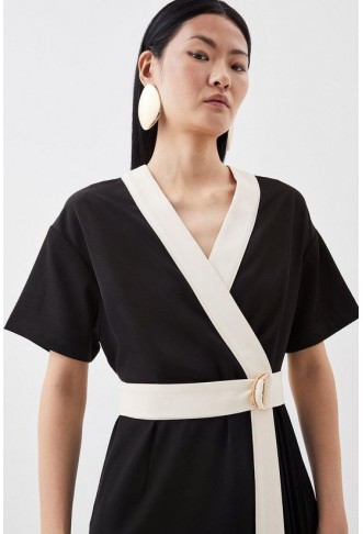 Contrast Twill Button Detail Belted Midi Dress