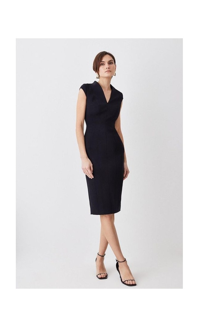 Italian Compact Scuba Jersey Seamed Pencil Midi Dress