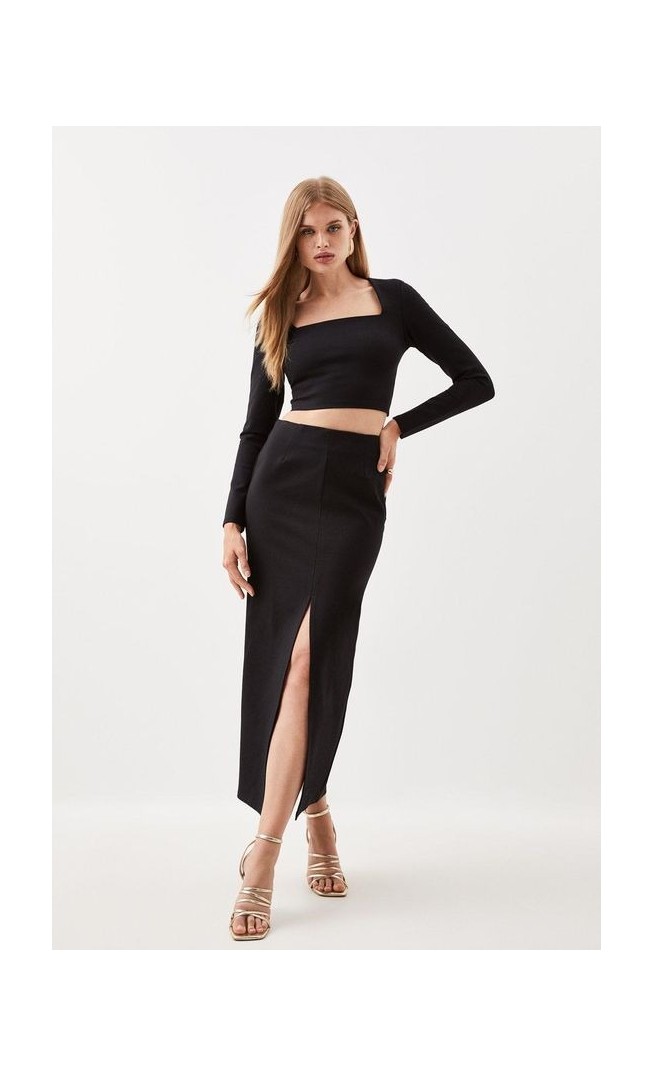 Ponte Long Sleeve Crop Top And Split Front Skirt Jersey Set