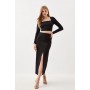 Ponte Long Sleeve Crop Top And Split Front Skirt Jersey Set