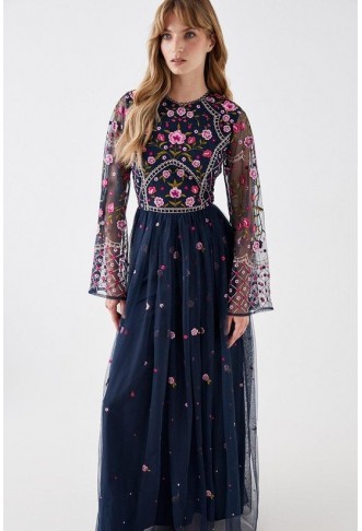 Flare Sleeve Floral Embroidered Midi Dress