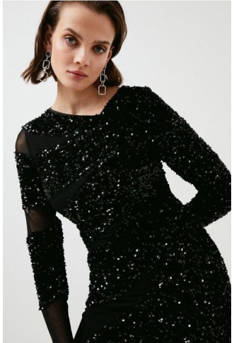 Black Sequin Mesh Detail Jersey Mini Dress