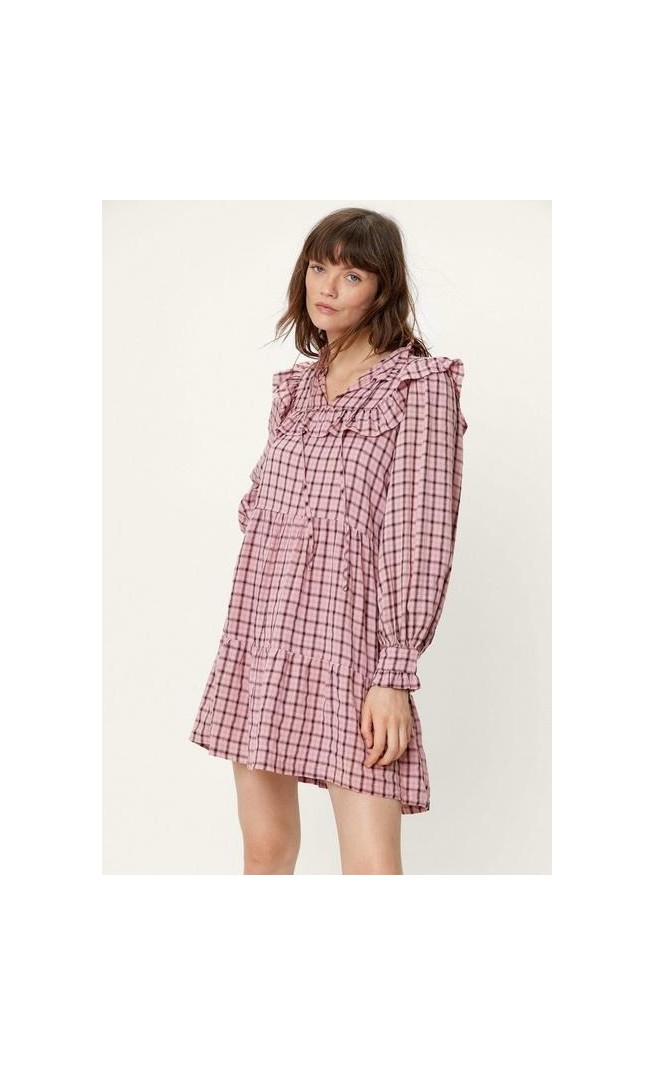 Check Ruffle Yoke Tiered Mini Dress