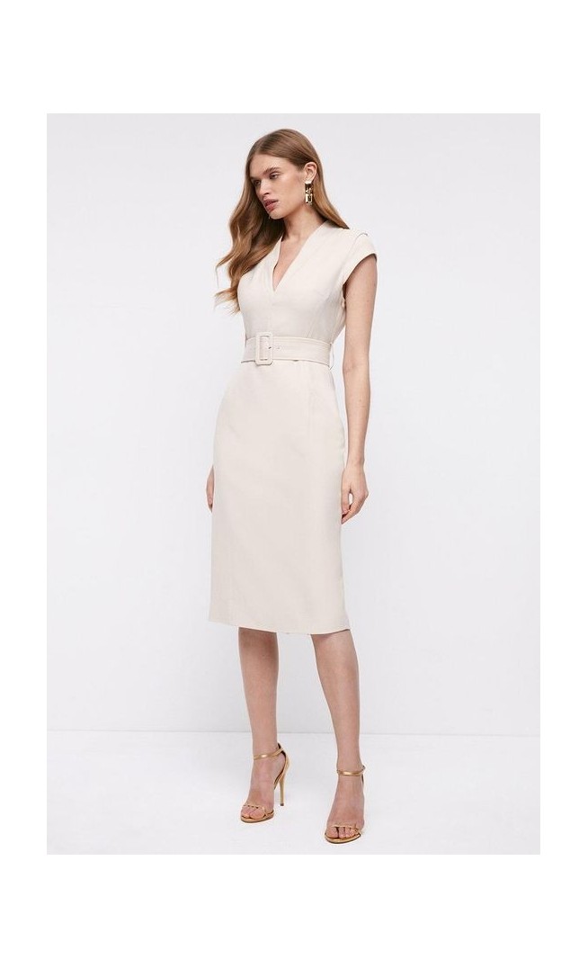 Premium V Neck Pencil Dress With Belt