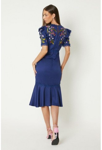 Embroidered Flute Hem Midi Dress With Lace Trim