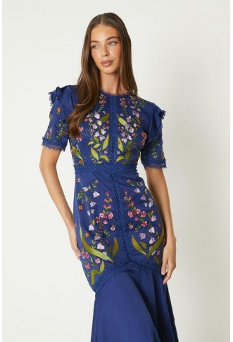 Embroidered Flute Hem Midi Dress With Lace Trim