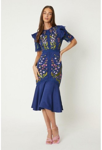 Embroidered Flute Hem Midi...