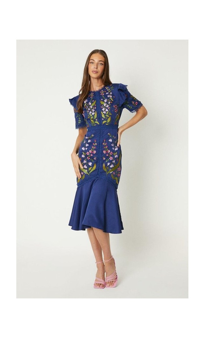 Embroidered Flute Hem Midi Dress With Lace Trim