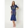 Embroidered Flute Hem Midi Dress With Lace Trim