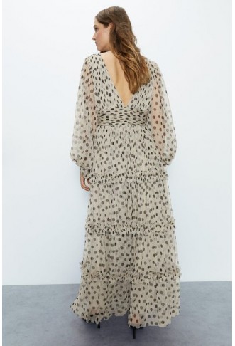 Spot Tulle Balloon Sleeve Tiered Maxi Dress