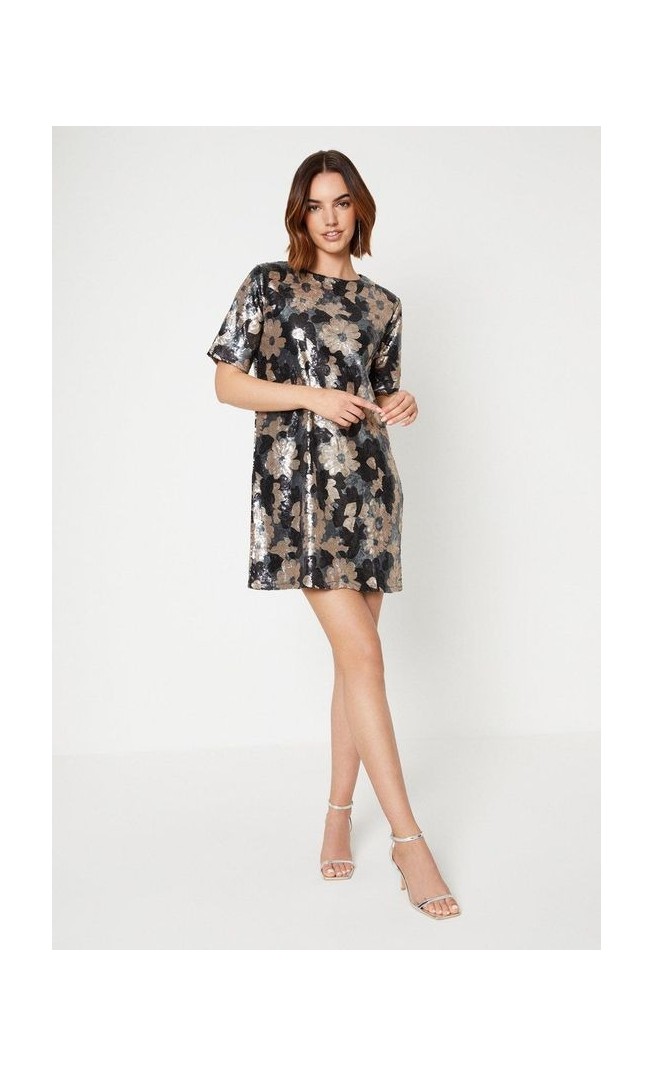 Floral Sequin Puff Sleeve Mini Dress