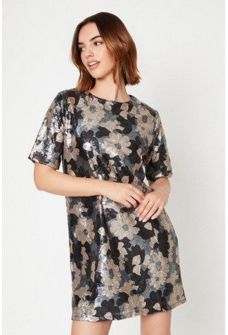 Floral Sequin Puff Sleeve Mini Dress