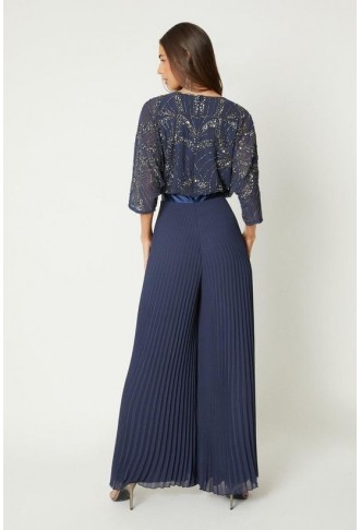 Embellished Cape Sleeve Pleat Jumpsuit