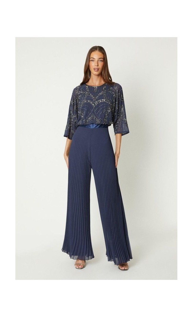 Embellished Cape Sleeve Pleat Jumpsuit