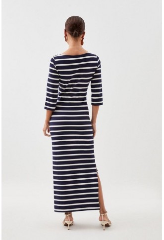 Petite Stripe 3/4 Sleeve Cotton Jersey Midi Dress