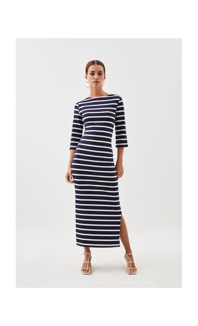 Petite Stripe 3/4 Sleeve Cotton Jersey Midi Dress