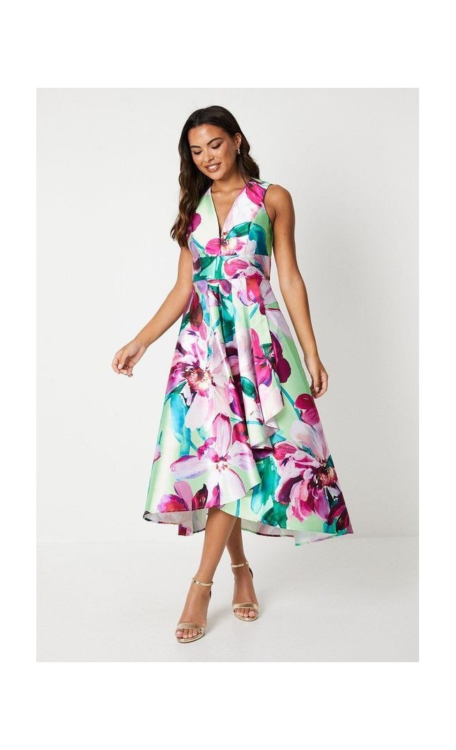 Plunge Waterfall Satin Twill Midi Dress