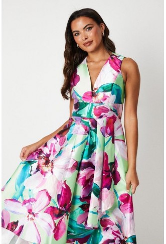 Plunge Waterfall Satin Twill Midi Dress