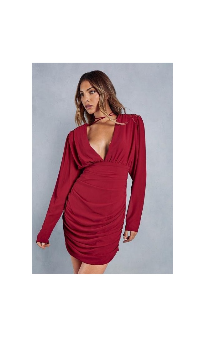 Chiffon Plunge Ruched Choker Neck Bodycon Mini Dress