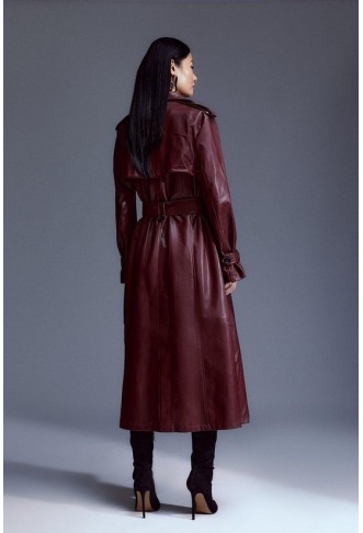 Tailored Faux Leather Belted Trench Coat