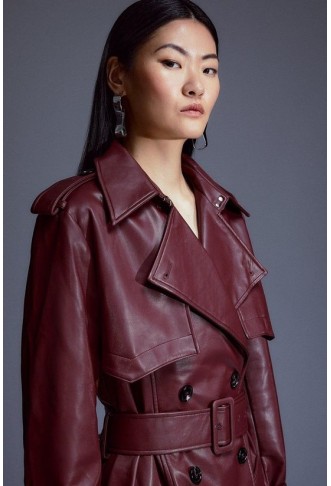 Tailored Faux Leather Belted Trench Coat