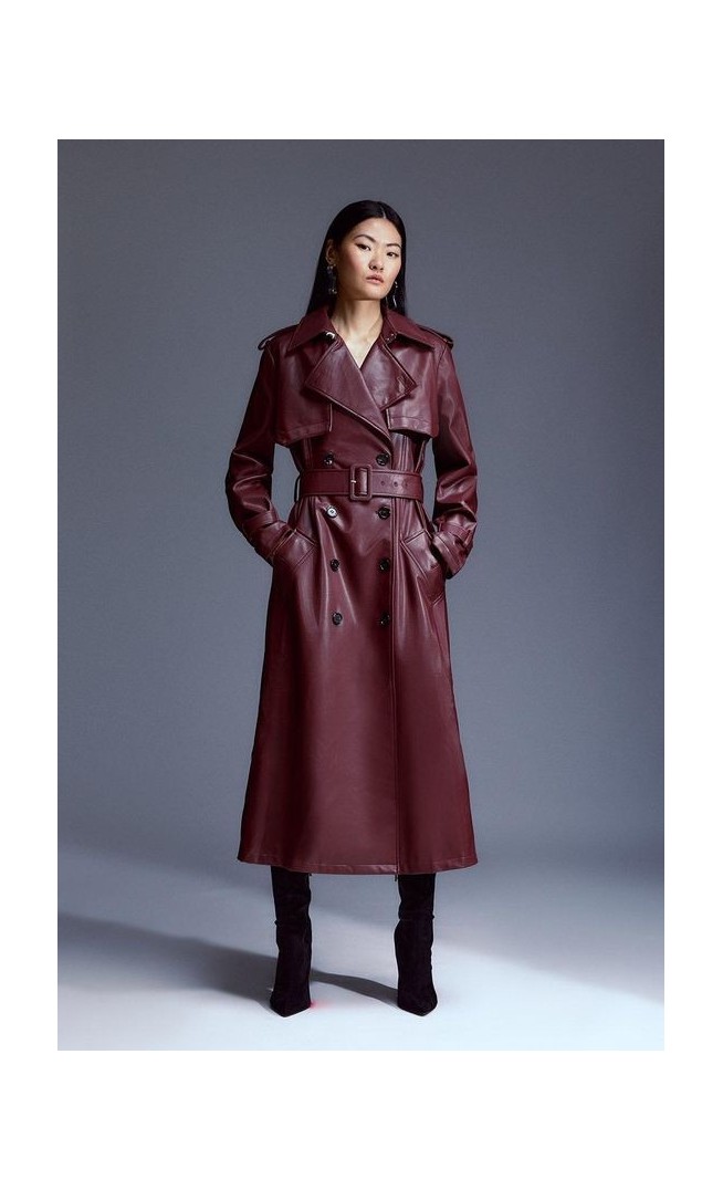 Tailored Faux Leather Belted Trench Coat