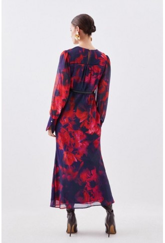 Petite Floral Printed Georgette Belted Woven Maxi Dress