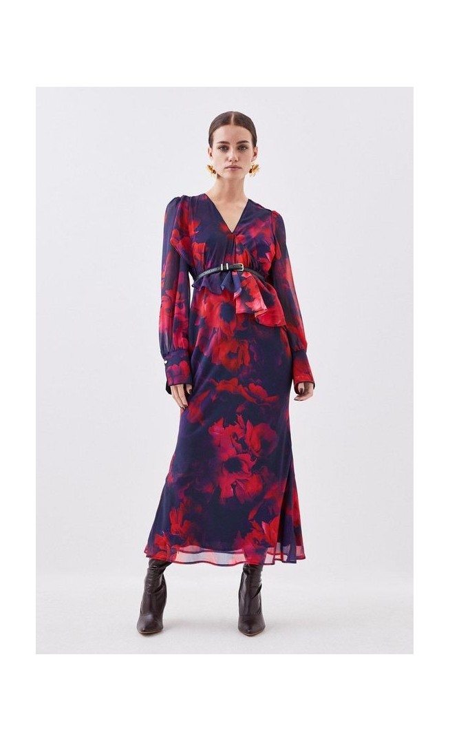 Petite Floral Printed Georgette Belted Woven Maxi Dress