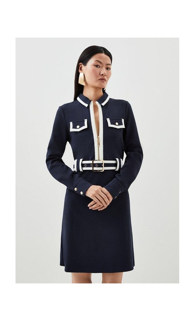 Collared Belted Ponte Jersey Dress