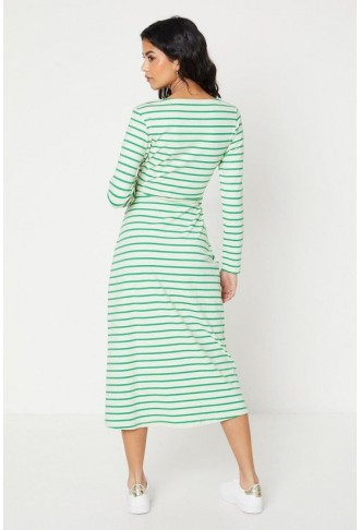 Petite Stripe Asymmetric Neck Long Sleeve Midi Dress