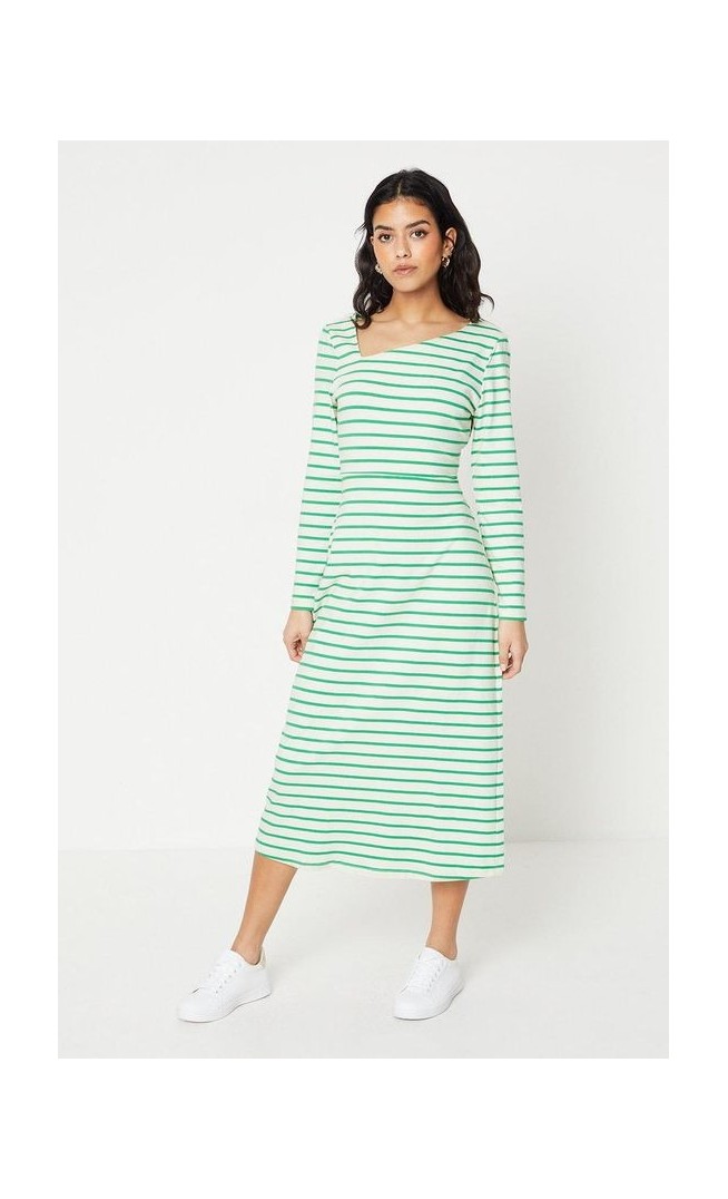 Petite Stripe Asymmetric Neck Long Sleeve Midi Dress