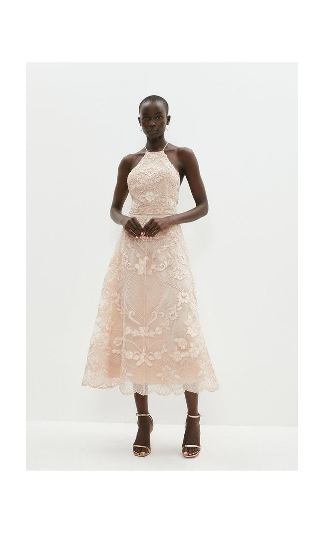 Halterneck Midi Dress In Cutwork Lace