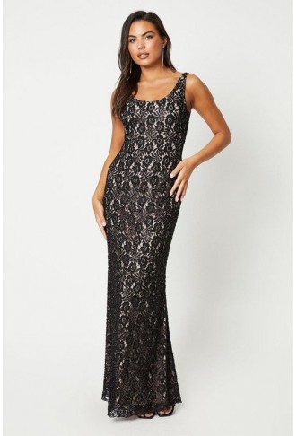 Embellished Lace Column Gown