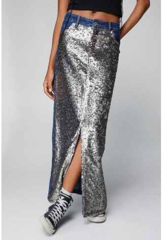 Premium Sequin Panel Denim Maxi Skirt