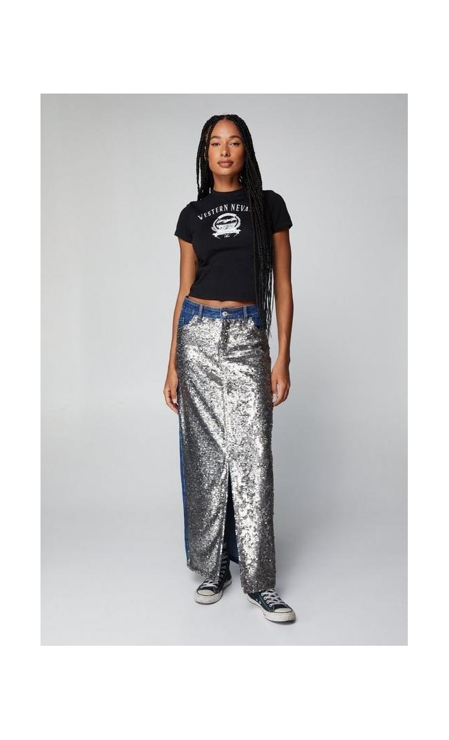 Premium Sequin Panel Denim Maxi Skirt