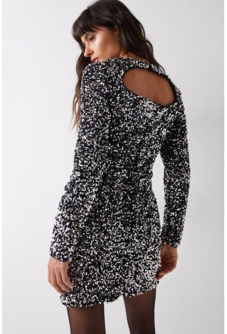 Velvet Sequin Drape Front Mini Dress