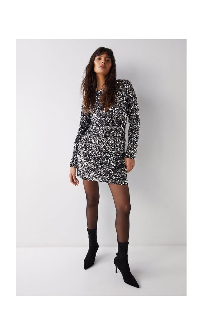 Velvet Sequin Drape Front Mini Dress