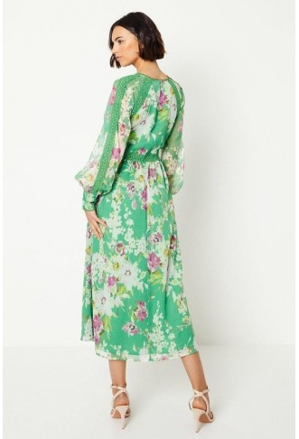 Green Floral Chiffon Trim Insert Sleeve Midaxi Dress