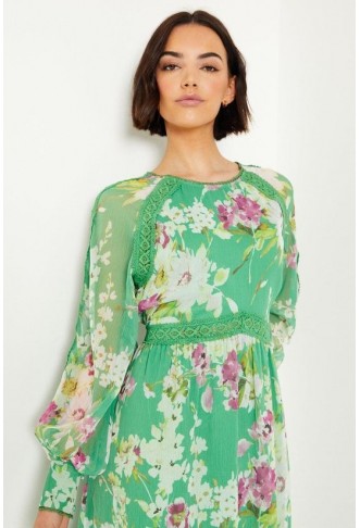 Green Floral Chiffon Trim Insert Sleeve Midaxi Dress